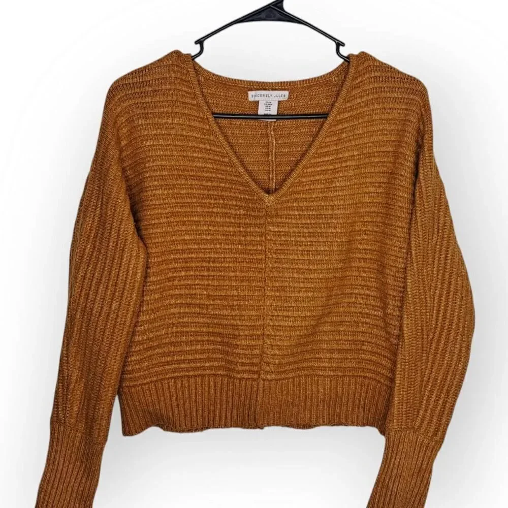 Sincerely Jules Women's V-Neck Ribbed Cropped Sweater in Rust size Medium